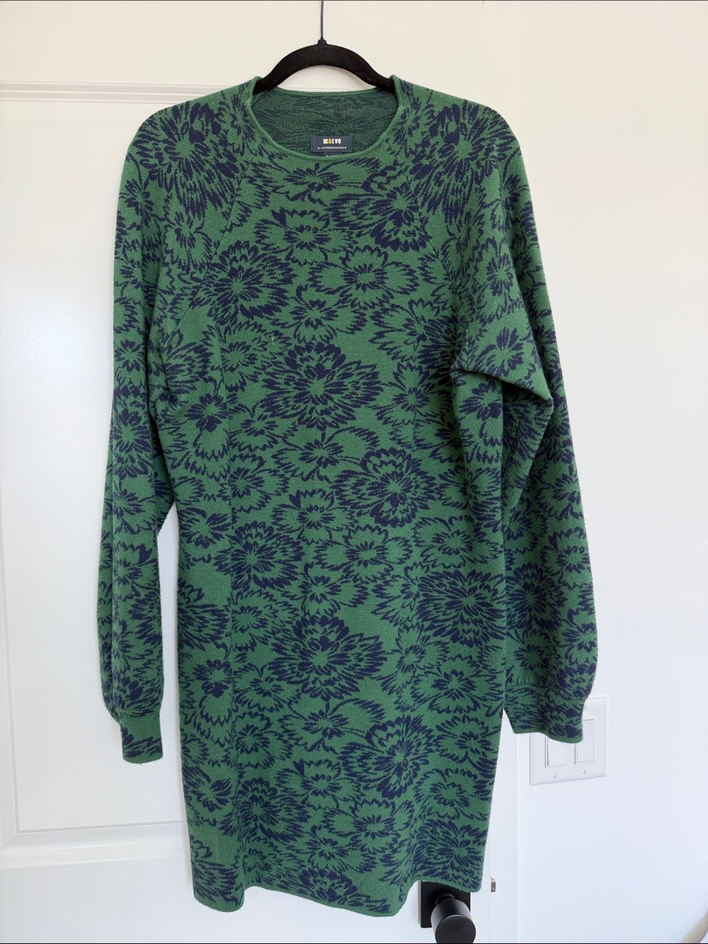 Anthropologie Green and Navy Floral Crewneck Sweater